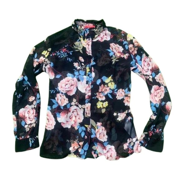 Guess Tops - Guess Ladies Floral Mesh Shirt Long Sleeve Blouse Black Sz 8 Summer Button Down